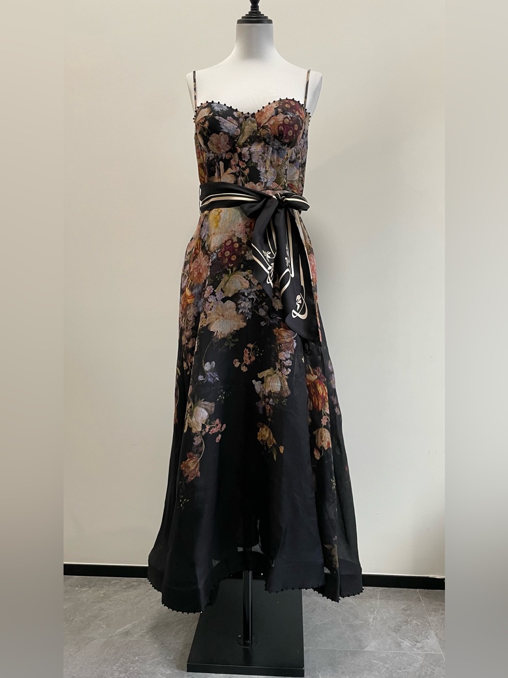 Zimmermann Black Floral Spaghetti-Strap Midi Dress with Sash